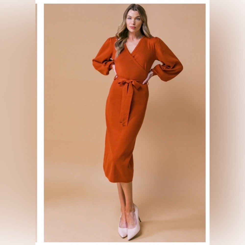 NWT Orange Elegant Rust Wrap Dress L